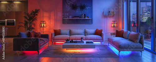 A modern living room with a stylish ambiance, with LED strips illuminating the room with a colorful light, highlighting the sleek furniture and elegant design elements.