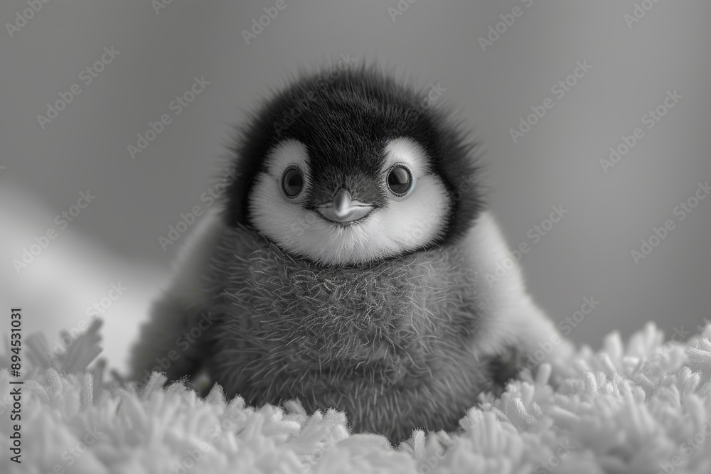 Fototapeta premium a penguin plush toy is illuminated by golden bokeh lights. The gentle snowfall and the soft fabric of the toy create a magical and festive feeling.