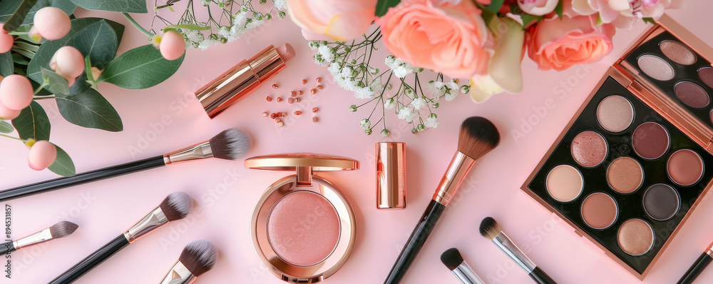 A rose gold table with makeup products and brushes artistically arranged. The trendy and fashionable color of the table adds a modern and chic vibe to the beauty display.