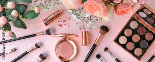 Obraz na płótnie A rose gold table with makeup products and brushes artistically arranged. The trendy and fashionable color of the table adds a modern and chic vibe to the beauty display. w salonie