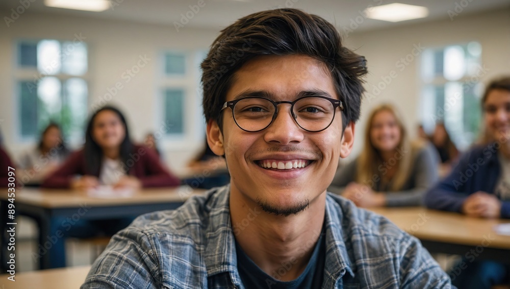Smiling male student sitting in university classroom Smiling male student sitting in university classroom