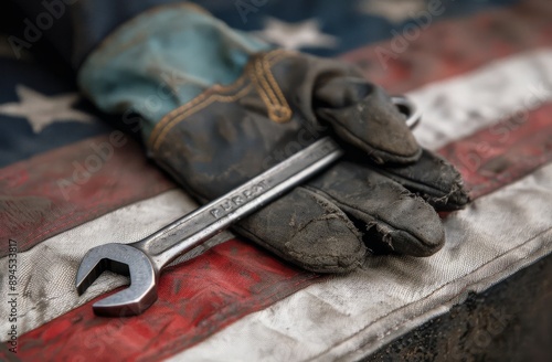 Wrench and Gloves on American Flag