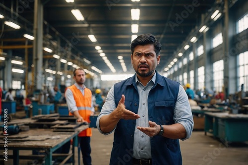 Supervisor, manager scolding employee in modern industry factory. Worker making mistake. Production manger is angry, dissatisfied for worker's poor quality work, safety viaolations