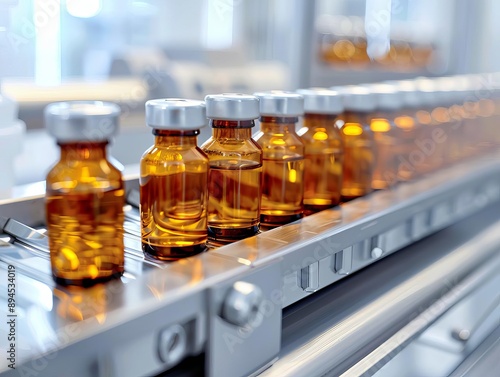 A row of ambercolored vials moving on a conveyor belt in a sterile laboratory environment photo