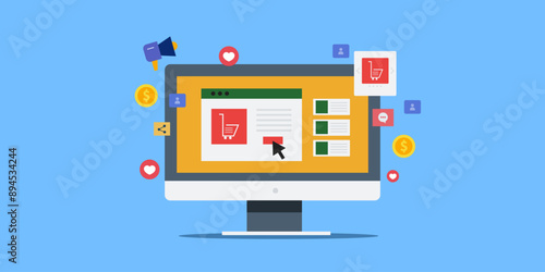 Ecommerce social selling concept. Online business using social media platforms to engage with customers and drive sales conceptual vector illustration.