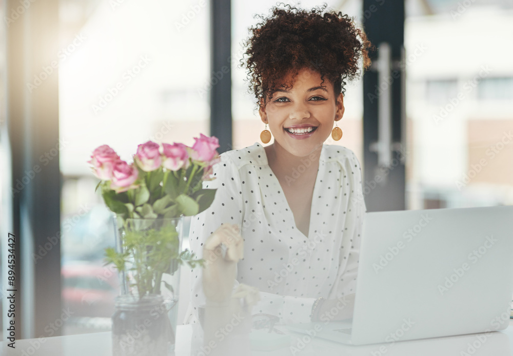 Office, portrait and businesswoman with laptop for career, working and productivity for professional writer. Workplace, digital and connection with journalist for article angle, research and smile Office, portrait and businesswoman with laptop for career, working and productivity for professional writer. Workplace, digital and connection with journalist for article angle, research and smile