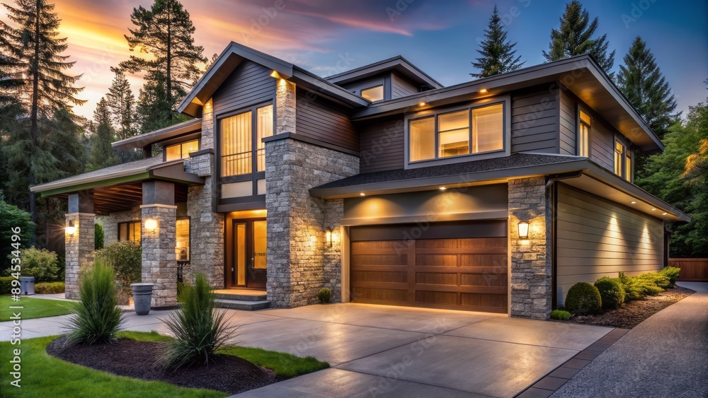 Modern suburban residence with sleek gray wood siding, stone columns, and dual garage, bathed in warm landscape lighting at dusk. Modern suburban residence with sleek gray wood siding, stone columns, and dual garage, bathed in warm landscape lighting at dusk.
