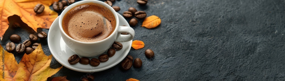 Cup of coffee with beans and autumn leaves on a dark slate background, capturing a cozy fall ambiance. Cup of coffee with beans and autumn leaves on a dark slate background, capturing a cozy fall ambiance.