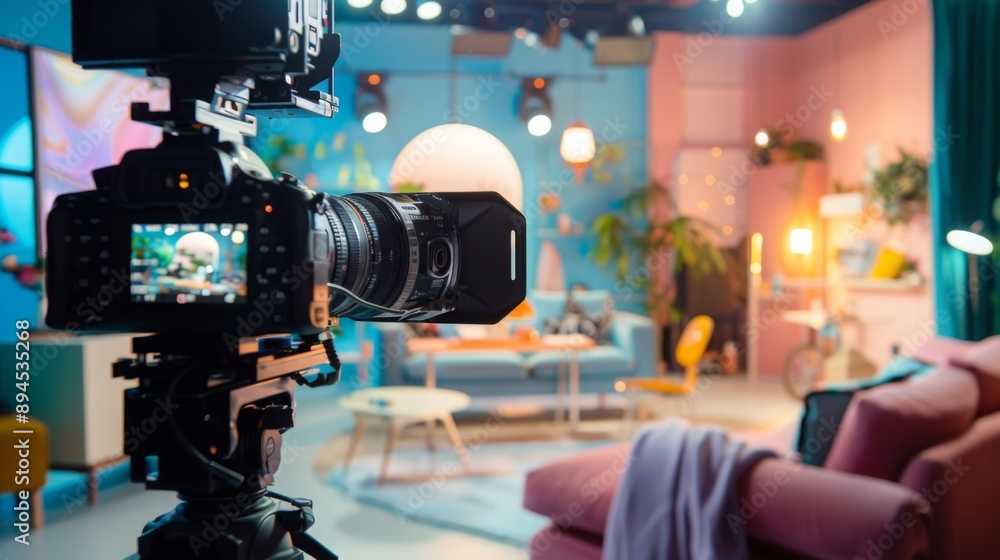 A professional camera on a tripod is set up and filming an interior living room set, likely for a TV show or commercial. The set has colorful furniture, plants, and lighting. A professional camera on a tripod is set up and filming an interior living room set, likely for a TV show or commercial. The set has colorful furniture, plants, and lighting.
