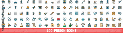 100 prison icons set. Color line set of prison vector icons thin line color flat on white