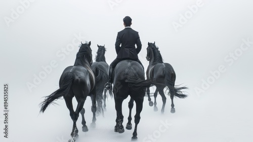 Man in a suit riding a horse, with four other horses in front of him, all in a snowy landscape