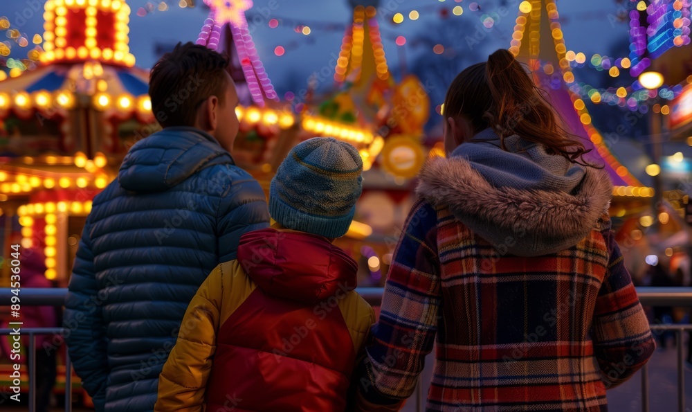 A family attending a festive carnival with bright lights and games A family attending a festive carnival with bright lights and games