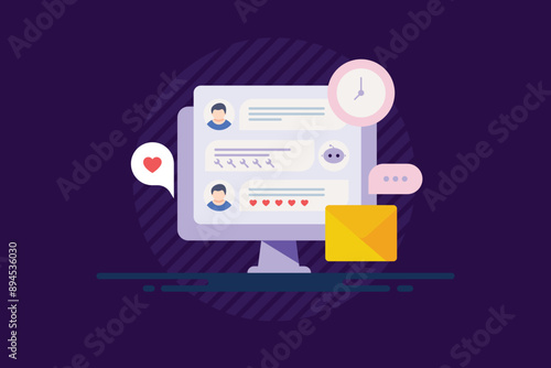 AI chat support answers user query, Saas integration with business, customer relationship management with chatbot or virtual assistant technology, vector illustration concept.