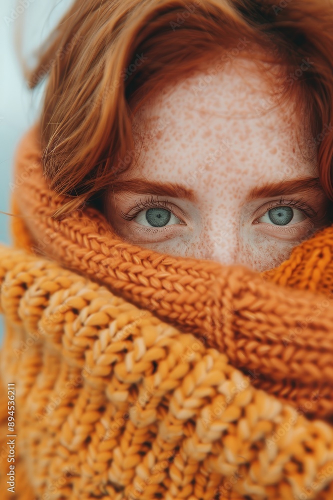 Woman with red hair and freckles wearing a knit scarf Woman with red hair and freckles wearing a knit scarf