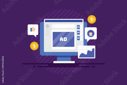 Social media sponsored ad display on web browser, audience engagement insights, advertising performance and ad spend analytics, e-business paid media concept, vector illustration.