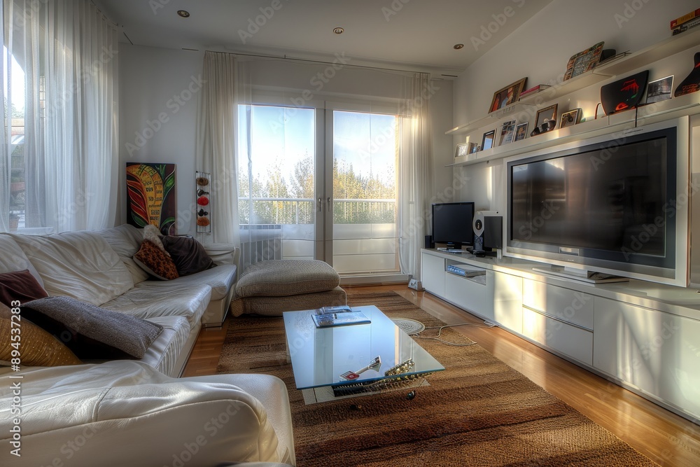 a modern living room with a tv set. a modern living room with a tv set.