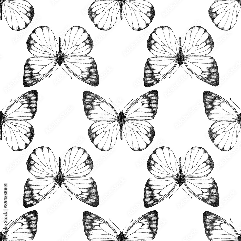 Obraz premium Seamless pattern of realistic butterfly. Hand drawn illustration. Black and white. Animal motif. Painted butterflies elements on white background. For fabric, wrapping paper, textile, design, banner