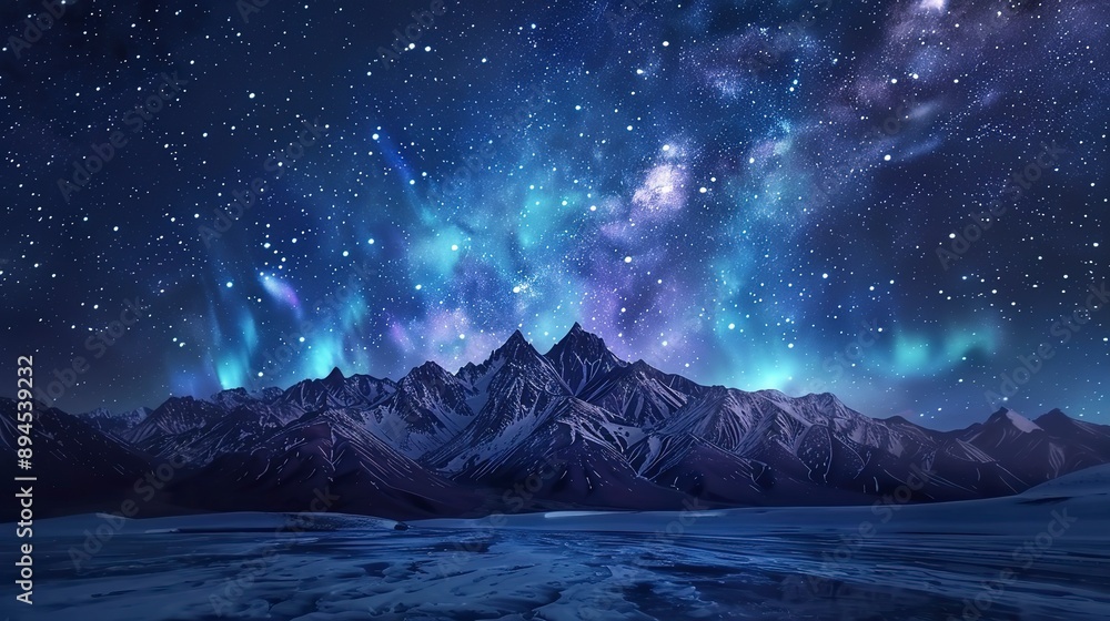 Naklejka premium Beautiful starry sky, aurora, snow capped mountains and land background illustration, dreamy galaxy, night sky abstract poster webpage design 