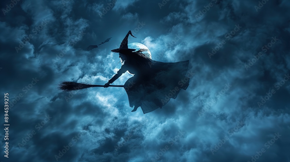 Fototapeta premium Witch Flying on Broomstick Against Dark night Sky