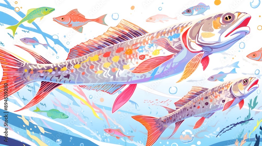 A detailed illustration of a school of fish A detailed illustration of a school of fish