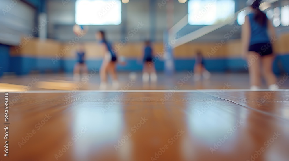 close up of empty wooden table with blurred voleyball court background close up of empty wooden table with blurred voleyball court background