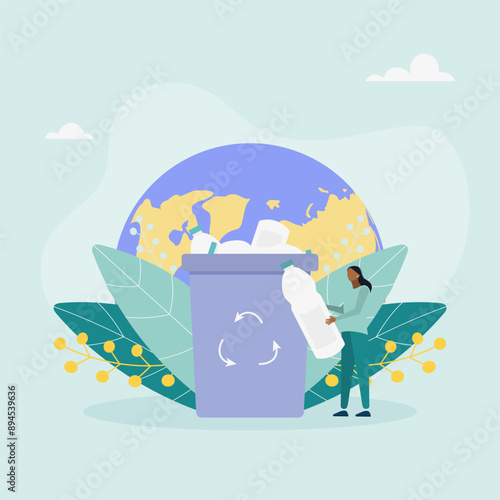 The character sorts garbage into containers for recycling and reuse. Garbage recycling. Zero waste concept. Vector illustration.	