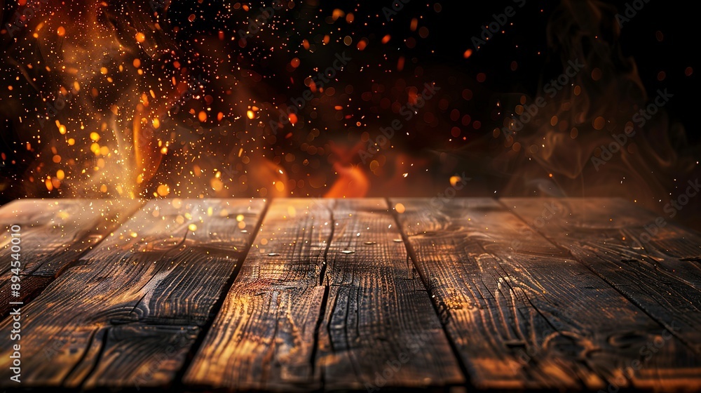 Fototapeta premium wooden table with Fire burning at the edge of the table, fire particles, sparks, and smoke in the air, with fire flames on a dark background to display products 