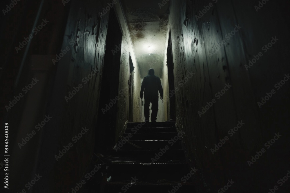 Silhouette of a Person Walking Up Dark Stairs. Silhouette of a Person Walking Up Dark Stairs.