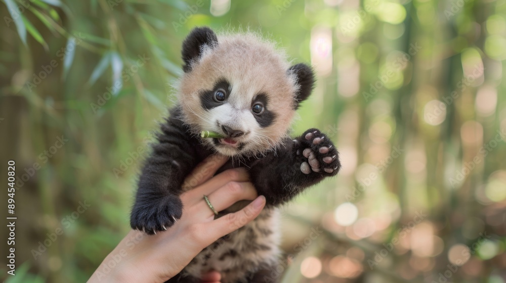 Tiny panda cub is lifted by hand, its wide eyes and curious expression capturing innocence and wonder of baby animals, bamboo surroundings enhance natural beauty of moment. Tiny panda cub is lifted by hand, its wide eyes and curious expression capturing innocence and wonder of baby animals, bamboo surroundings enhance natural beauty of moment.