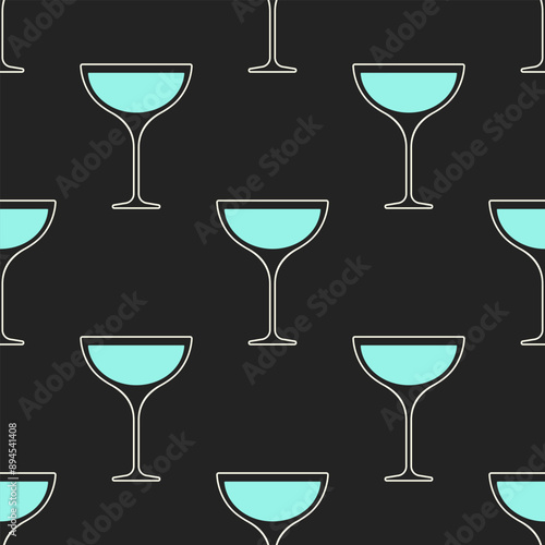 Alcohol cocktails vector seamless pattern. Blue glasses with white outline on black background.