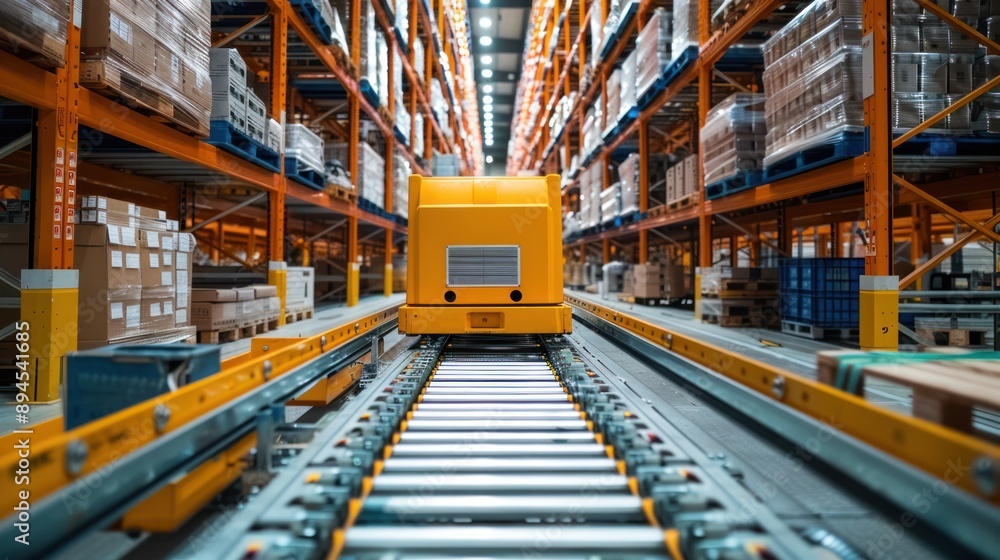 Modern warehouse with automated guided vehicles transporting goods, enhancing supply chain efficiency Modern warehouse with automated guided vehicles transporting goods, enhancing supply chain efficiency