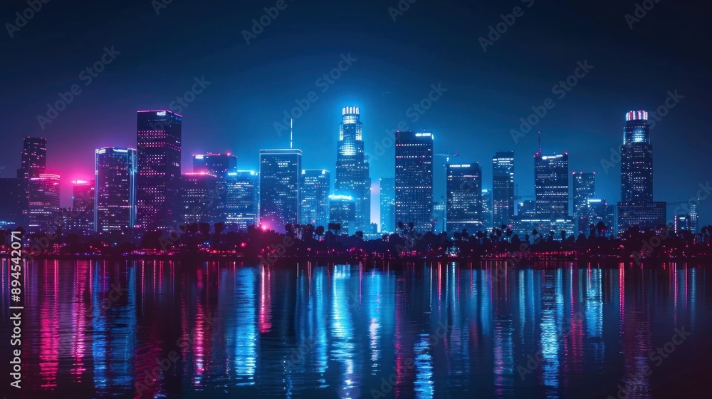 Fototapeta premium City skyline at night with neon lights