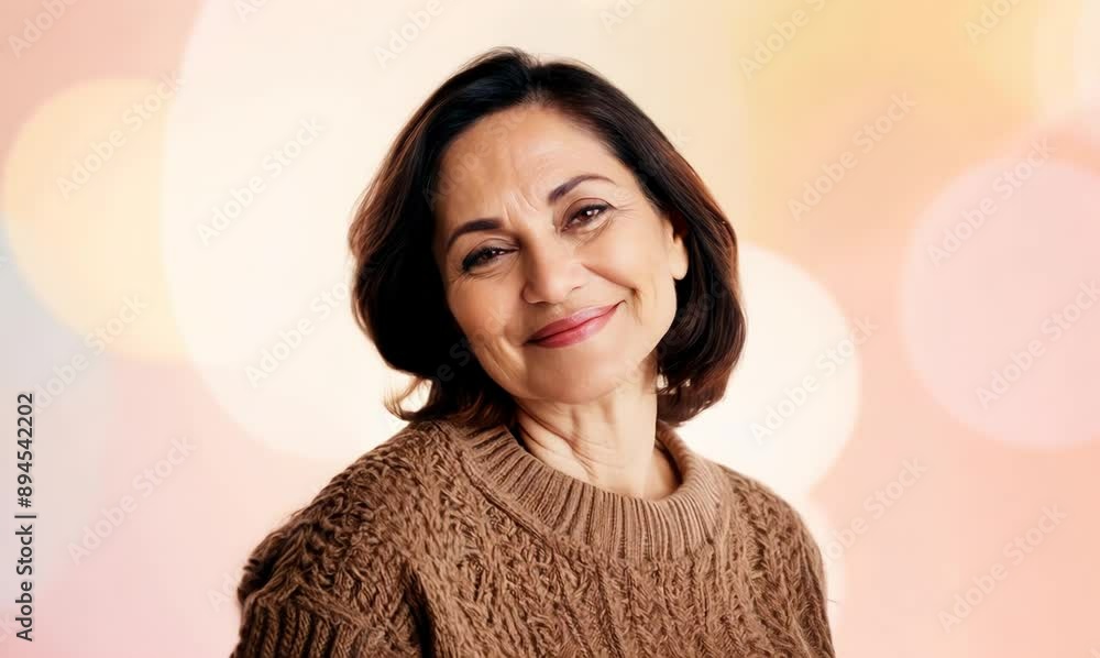 portrait of a confident Filipino woman in her 40s wearing a cozy sweater against a pastel or soft colors background portrait of a confident Filipino woman in her 40s wearing a cozy sweater against a pastel or soft colors background