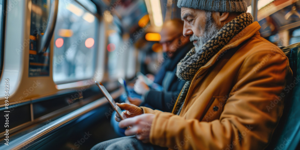 Older man in winter attire reading a tablet while riding on a subway train, with other passengers in the background. Older man in winter attire reading a tablet while riding on a subway train, with other passengers in the background.
