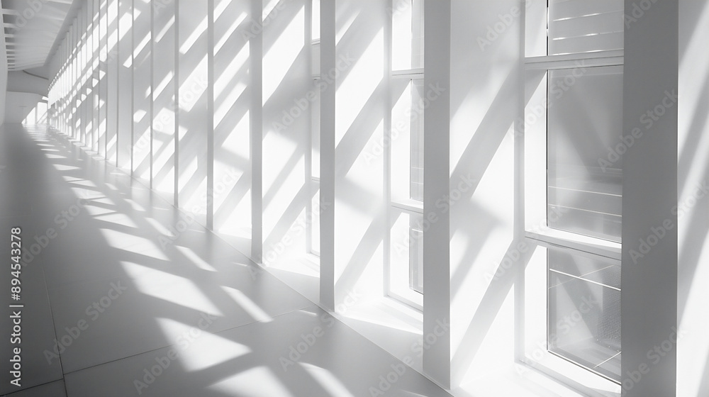 Fototapeta premium 光と影が白い壁に幾何学的な形を作り出している、モノクロ写真アート風背景グラフィック