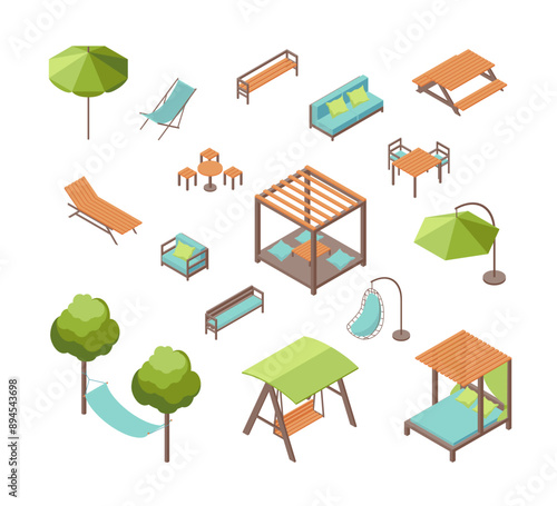 Cartoon Color Garden Furniture Set 3d Isometric View Include of Umbrella, Swing, Awning, Wooden and Plastic Tables. Vector illustration