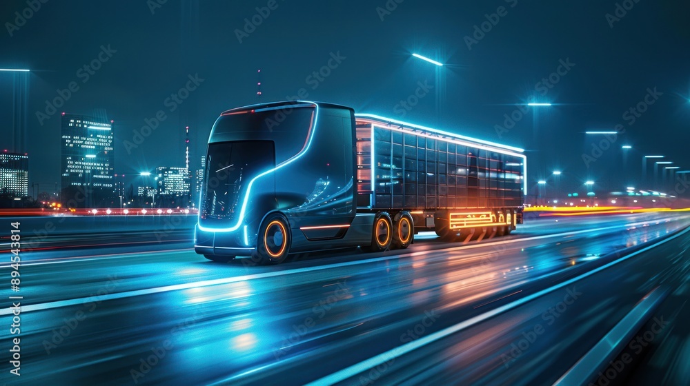 Futuristic electric truck hauling goods on a smart highway, emphasizing sustainable logistics solutions Futuristic electric truck hauling goods on a smart highway, emphasizing sustainable logistics solutions