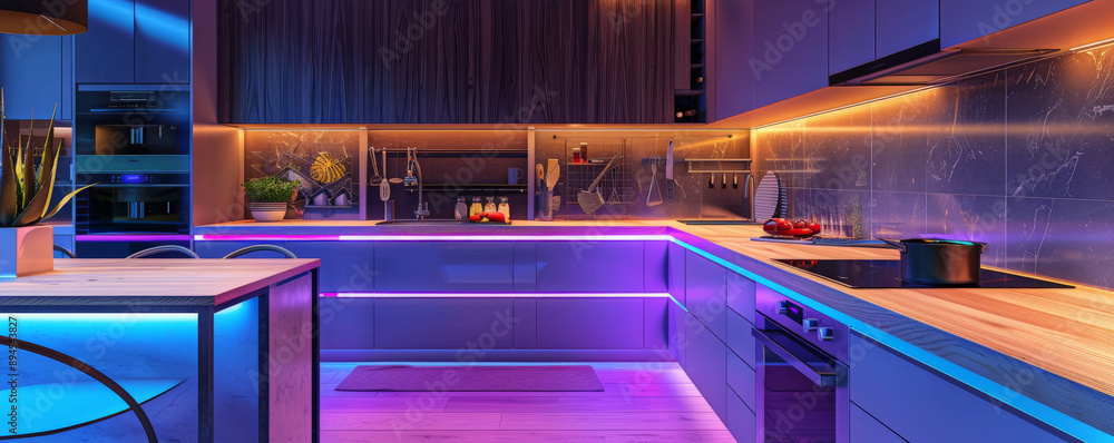 The stylish ambiance of a modern kitchen decorated with LED strips, featuring a warm, colorful glow around the countertops, cabinets, and sleek decor, creating a chic atmosphere. The stylish ambiance of a modern kitchen decorated with LED strips, featuring a warm, colorful glow around the countertops, cabinets, and sleek decor, creating a chic atmosphere.