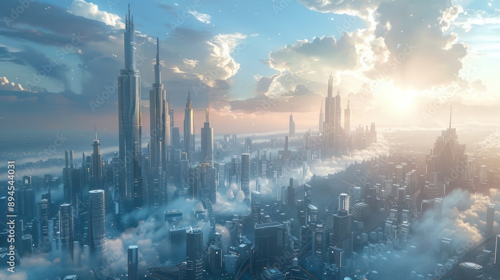 Fototapeta premium Futuristic city skyline with a well-integrated transportation network, demonstrating urban planning excellence