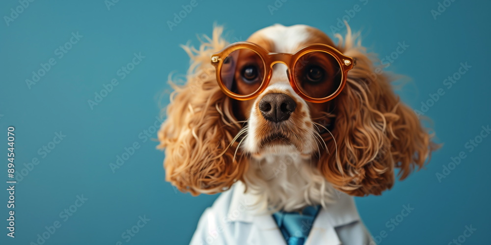 Naklejka premium Spaniel dog in glasses and lab coat, posing against a blue background