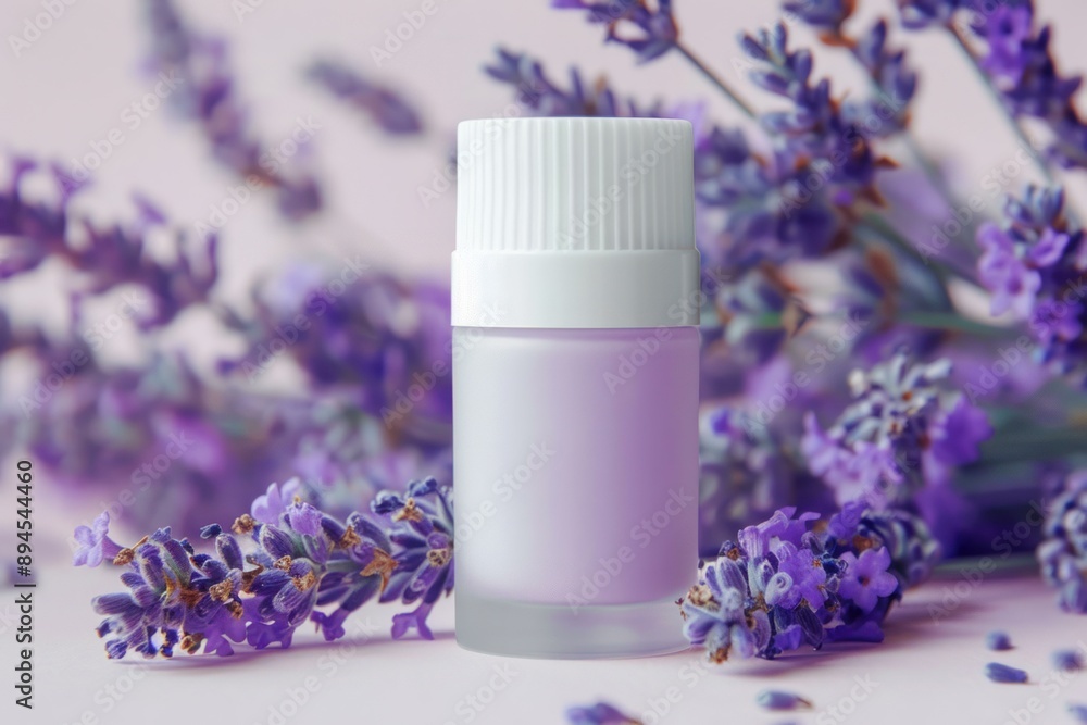 Serene setup with a blank lavender oil bottle surrounded by fresh lavender sprigs on a pastel background Serene setup with a blank lavender oil bottle surrounded by fresh lavender sprigs on a pastel background