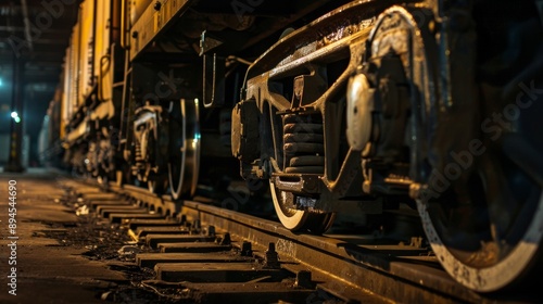 Photograph captured in dim lighting featuring freight train carts and wheels. 