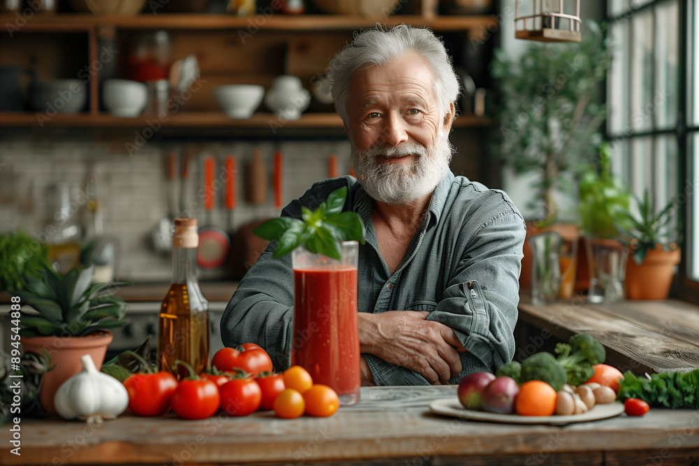 Elderly man in a kitchen surrounded by fresh vegetables and juice, looking happy and healthy Elderly man in a kitchen surrounded by fresh vegetables and juice, looking happy and healthy
