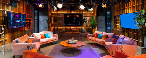 Obraz na płótnie A contemporary talk show studio designed as a living room, complete with chic sofas, vibrant cushions, and high-end microphones, perfect for television shows and podcasts. w salonie