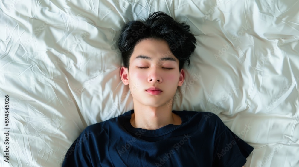 A young man is sleeping on a bed with his head resting on his hand A young man is sleeping on a bed with his head resting on his hand