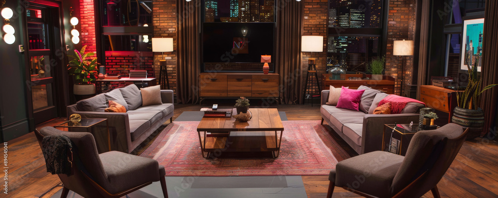 A talk show studio set up like a stylish living room, featuring cozy seating, tasteful decor, and advanced lighting, creating an intimate atmosphere for television shows and podcasts. A talk show studio set up like a stylish living room, featuring cozy seating, tasteful decor, and advanced lighting, creating an intimate atmosphere for television shows and podcasts.