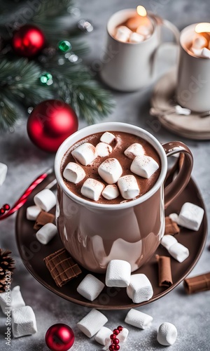 Wallpaper Mural Hot chocolate with marshmallows and Christmas decorations on a stone background Torontodigital.ca