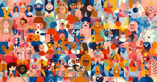 不思議で愉快な楽しい生き物たちがたくさん集まっているアーティスティックなイラスト