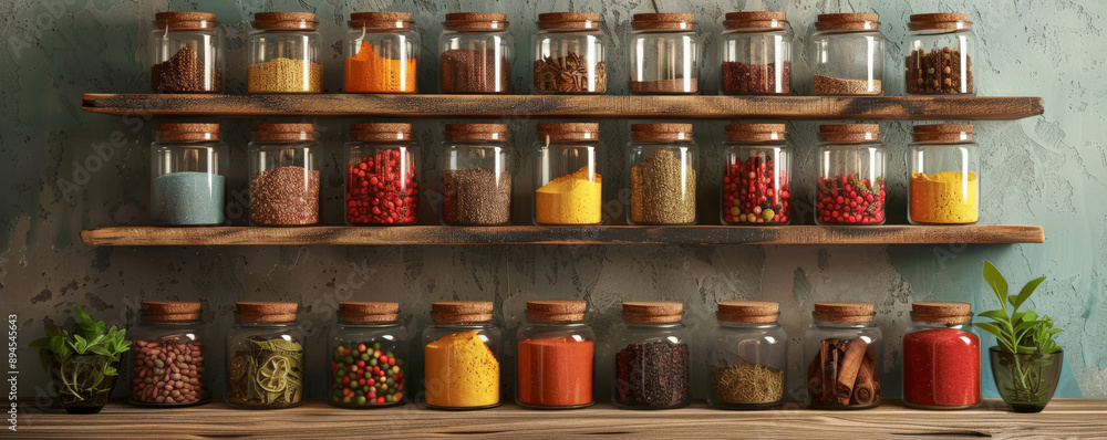 A spice jar collection on a wooden shelf, with colorful spices visible through the glass. The rustic design and vibrant colors create a visually appealing and practical kitchen setup. A spice jar collection on a wooden shelf, with colorful spices visible through the glass. The rustic design and vibrant colors create a visually appealing and practical kitchen setup.