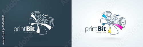 Logo Print Bit. Butterfly Digital Lines CMYK. Logotype Printing theme. Template design vector.